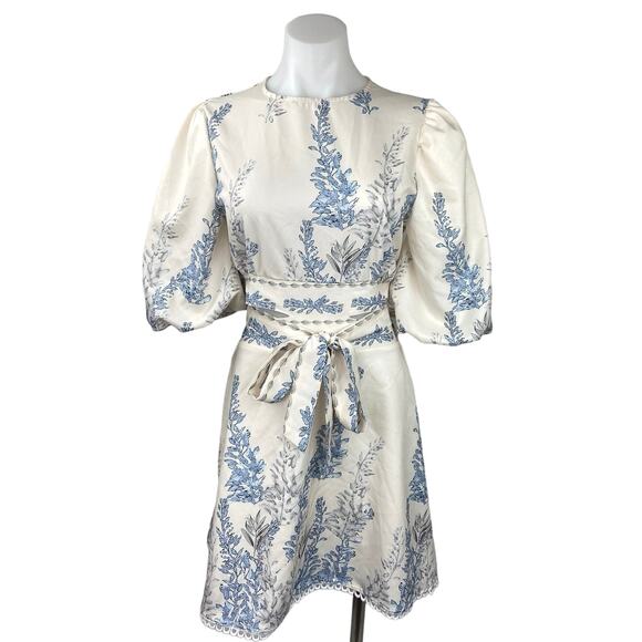 Shein White Plants Print Cut Out Tie Back Lantern Sleeve Boho A Line Dress Sz S - Picture 4 of 8